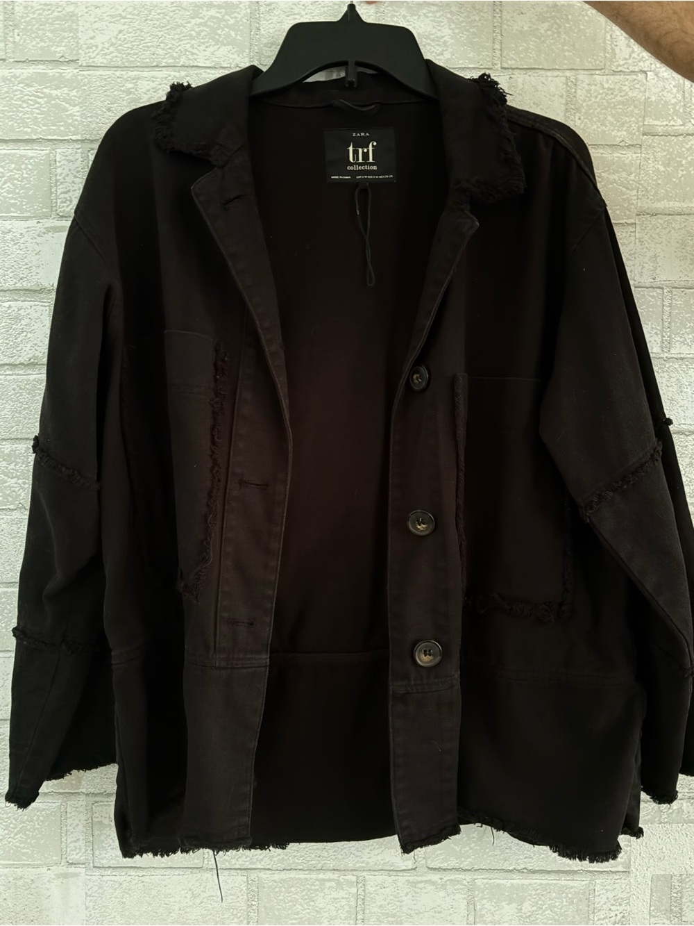 Vintage Zara Women's Black Frayed Button-Up Jacket (oversized)